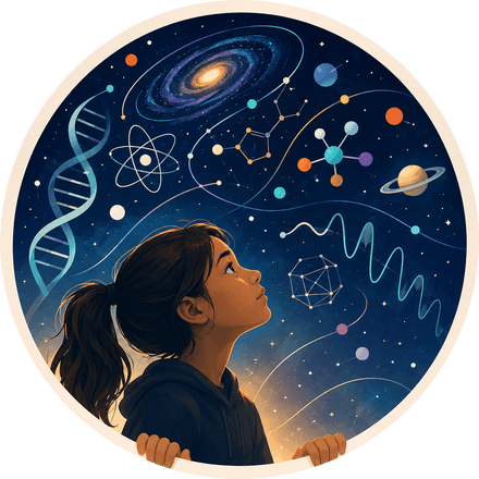 A child looking up into a night sky full of galaxies, molecules, waves and a strand of DNA